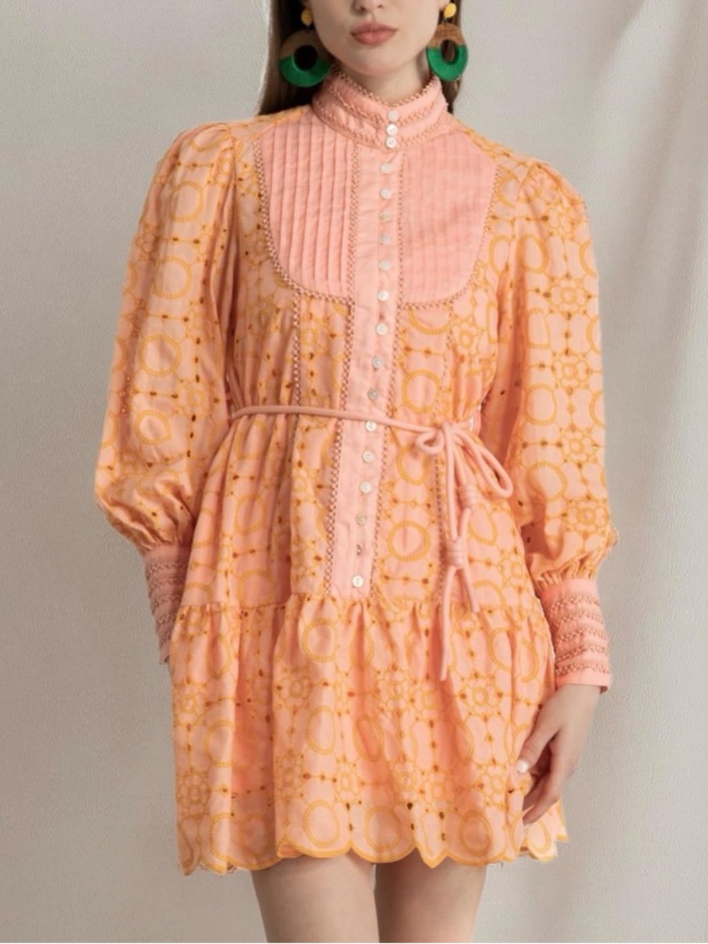 Peach Lace-Trim Mini Dress with Pintuck Front